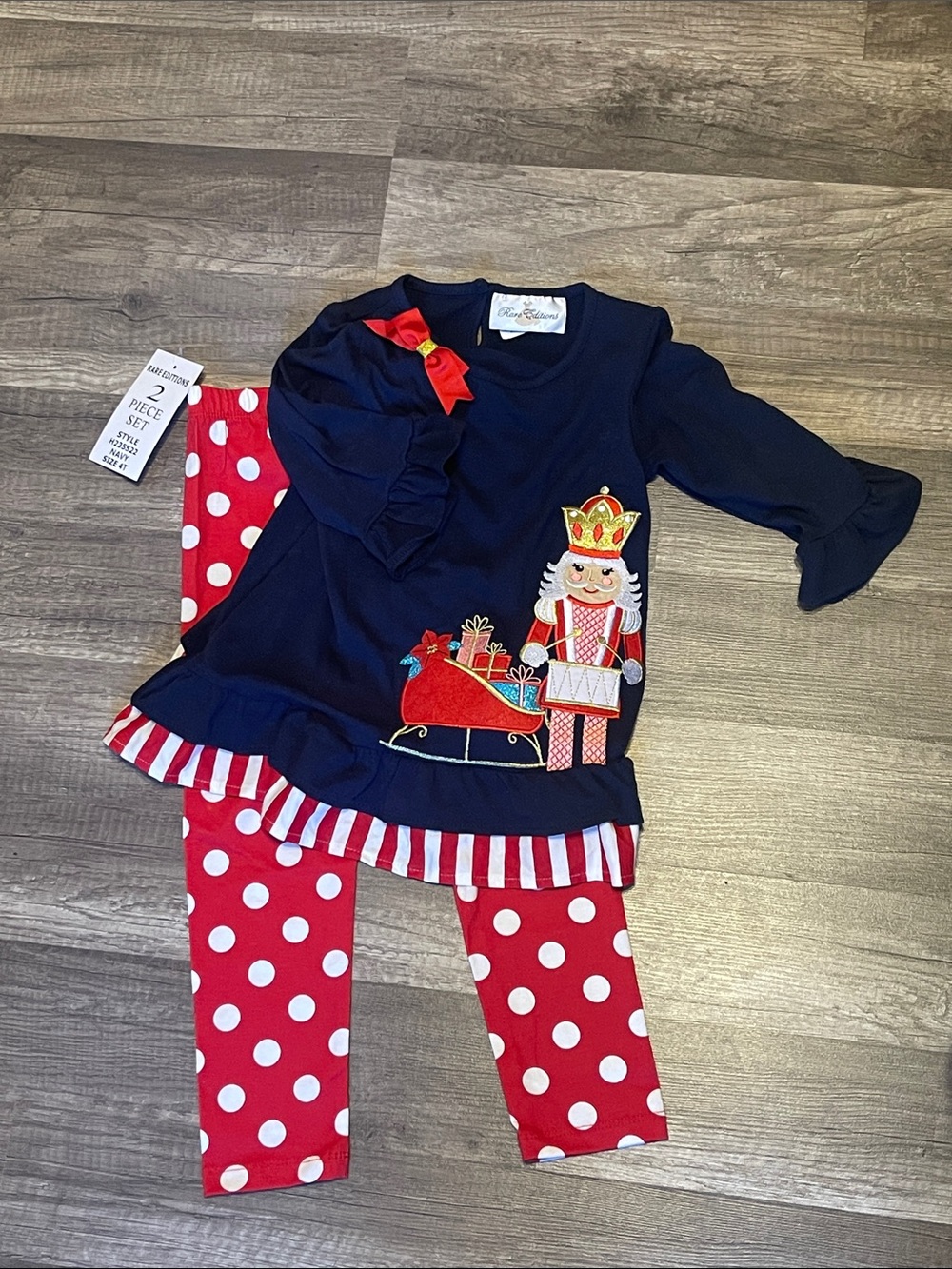 Navy Nutcracker Tunic & Red Polka Dot Leggings Set Rare Editions girls 4T
